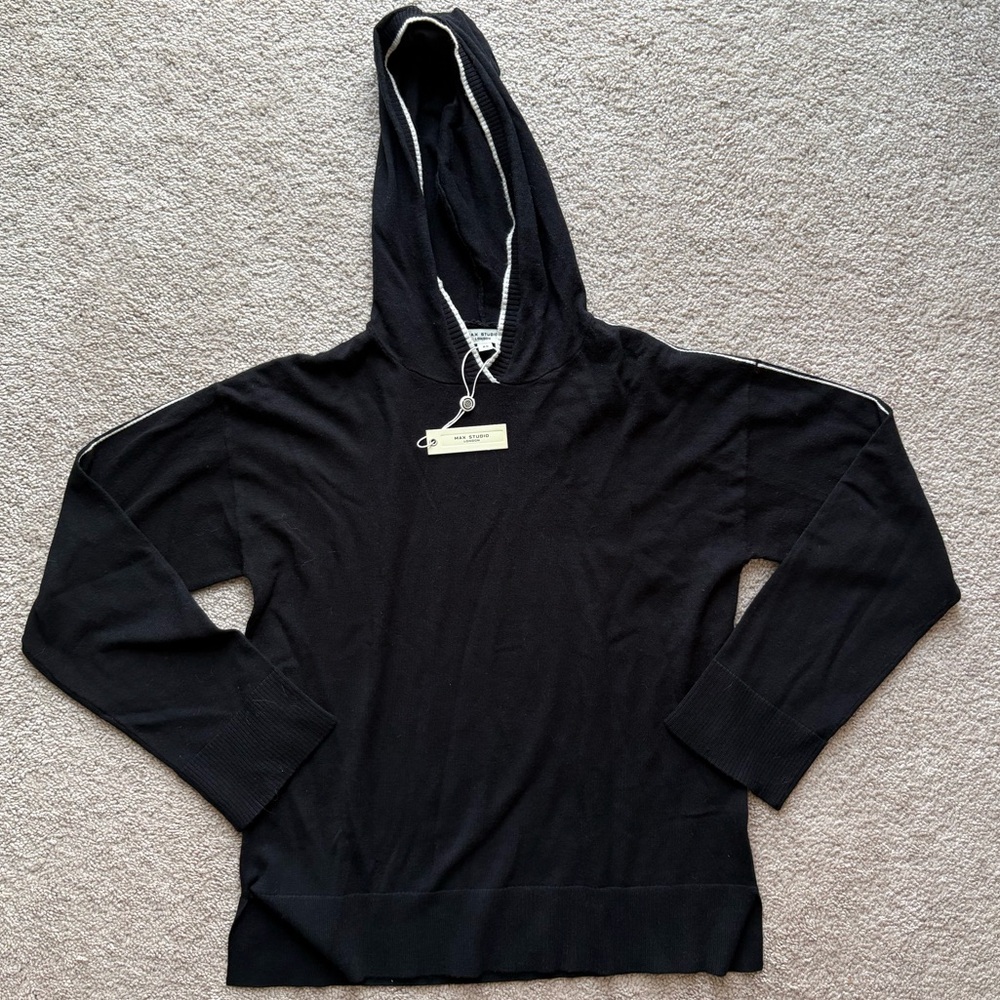 NWT Max Studio Black Hooded Super Soft Knit Sweater w/ white detail. Size XS
